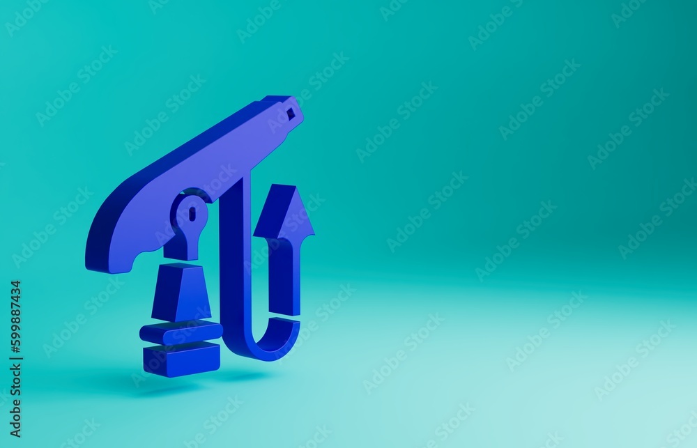 Blue Fishing harpoon icon isolated on blue background. Fishery manufacturers for catching fish under water. Diving underwater equipment. Minimalism concept. 3D render illustration Blue Fishing harpoon icon isolated on blue background. Fishery manufacturers for catching fish under water. Diving underwater equipment. Minimalism concept. 3D render illustration