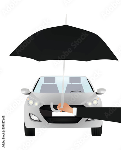 Hand hold umbrella in front of car. vector illustration