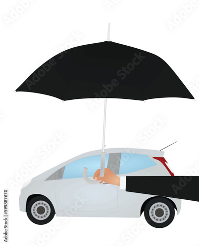 Hand hold umbrella in front of car. vector illustration