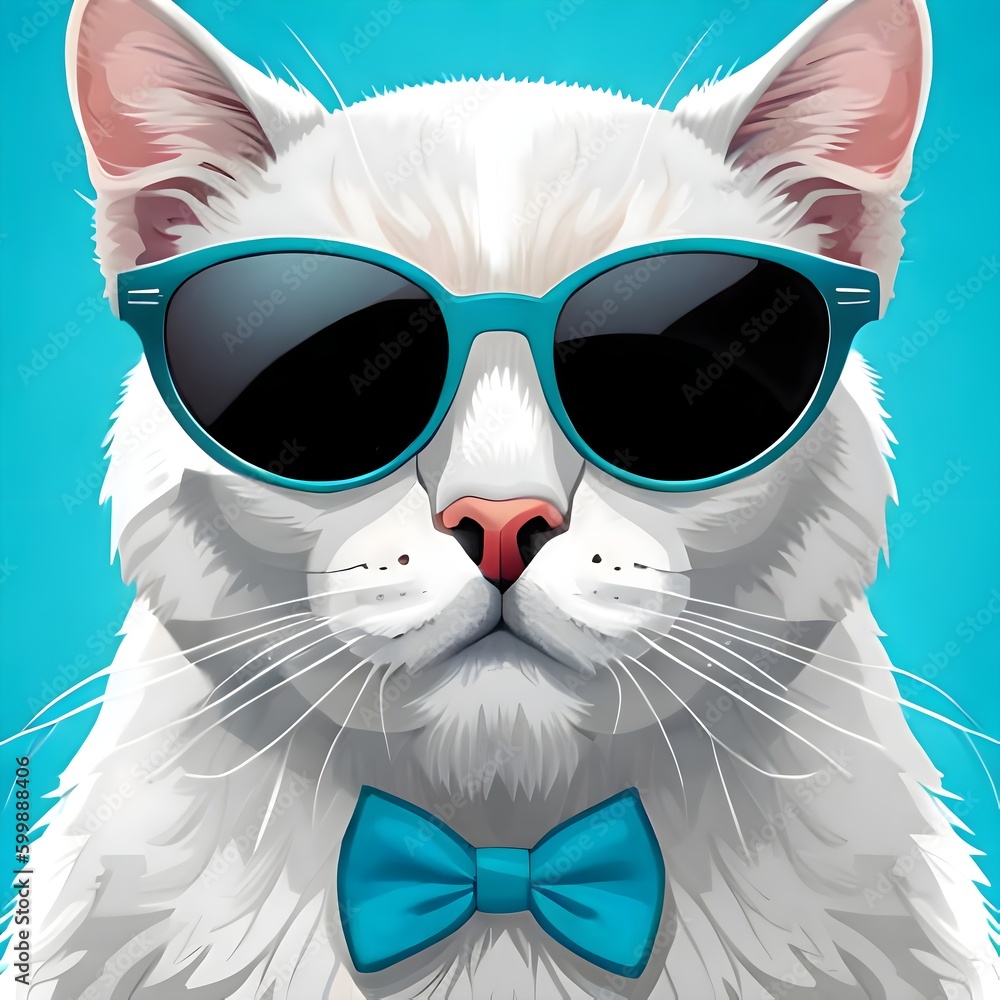 Simple cute white cat, light blue sunglasses, one color Tiffany blue background 