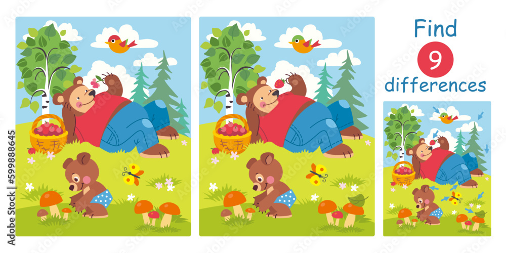 Find differences, education game for children. Cute cartoon bear family on a lawn in a summer forest. Flat vector illustration with big daddy bear and small son bear.