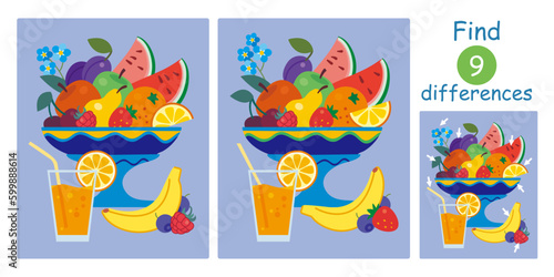 Find differences, education game for children. Flat vector illustration with watermelon slices, apples, plums, pears, strawberries, raspberries, banana, cherry, juice. Cute fruit bowl.