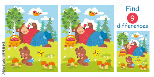 Find differences, education game for children. Cute cartoon bear family on a lawn in a summer forest. Flat vector illustration with big daddy bear and small son bear.