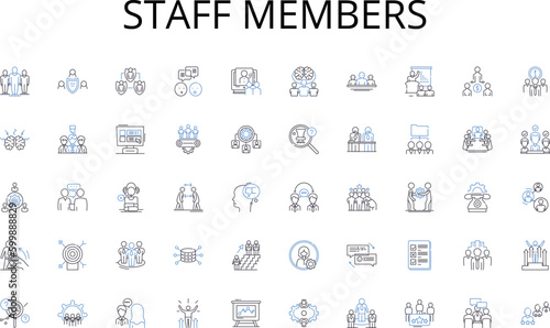 Staff members line icons collection. Strategy, Analysis, Budget, Timeline, Marketing, Competitors, Sales vector and linear illustration. Funding,Goals,Vision outline signs set