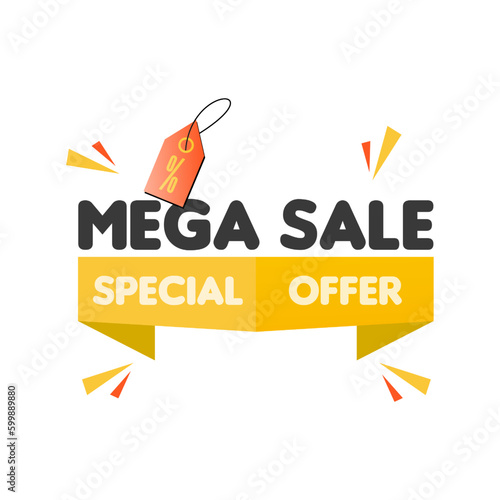 Mega Sale. Special offer. Banner for E-commerce and social media with yellow banner and discount tag. font Insaniburger