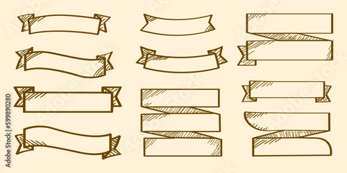 vector Hand drawn premium ribbon collection,Engraved ribbon. Ribbon template for old sketch banner design label