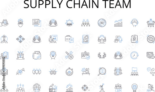 Supply chain team line icons collection. Schedule, Venue, Speakers, Agenda, Logistics, Participants, Timeline vector and linear illustration. Catering,Accommodation,Registration outline signs set