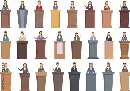 Woman president icons set cartoon vector. Podium speaking. Leader debate