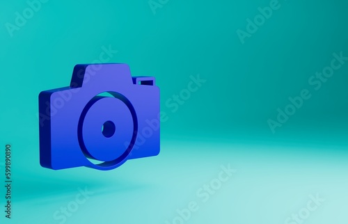 Blue Photo camera icon isolated on blue background. Foto camera. Digital photography. Minimalism concept. 3D render illustration