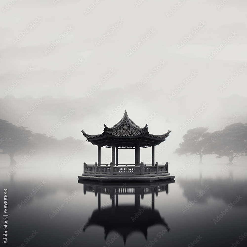 Fototapeta premium A black and white photo of a pagoda in the fog Generative Ai
