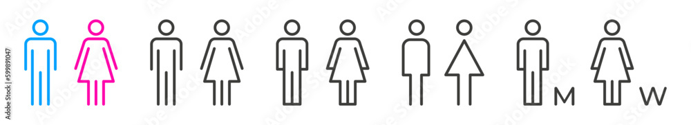 Toilet icon set. Man and woman symbols privies. WC. Restroom. Vector illustration. Toilet icon set. Man and woman symbols privies. WC. Restroom. Vector illustration.