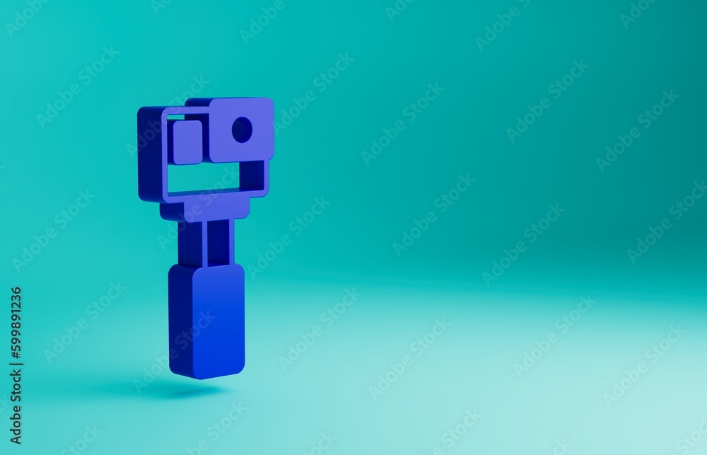 Blue Action extreme camera icon isolated on blue background. Video camera equipment for filming extreme sports. Minimalism concept. 3D render illustration Blue Action extreme camera icon isolated on blue background. Video camera equipment for filming extreme sports. Minimalism concept. 3D render illustration