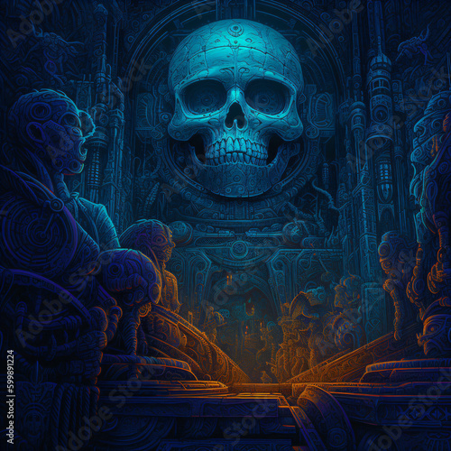 a skull in a mysterious fantasy dark temple room Generative Ai