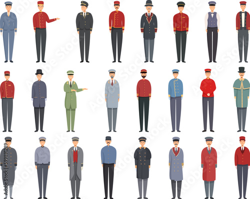 Doorman icons set cartoon vector. Hotel book. Bell room