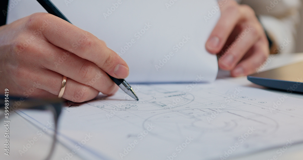 Top view. Close up. architect hands designer working drawing lies and the computer stands with architectural scheme on blueprint in workroom. Concept of a workflow on a new project Top view. Close up. architect hands designer working drawing lies and the computer stands with architectural scheme on blueprint in workroom. Concept of a workflow on a new project