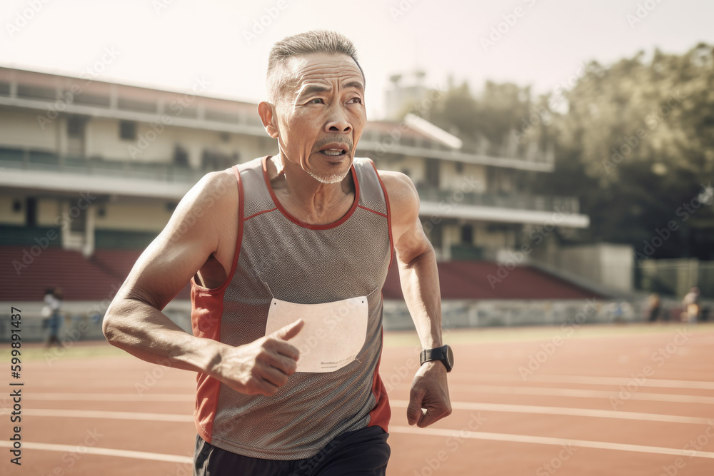 Portrait of Asian 50 years old, 60 years old man in sport clothes running. Elderly Sporty people lifestyle concept. Generated Ai