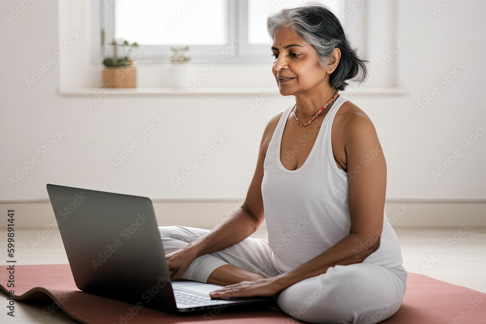 Indian Senior woman practicing yoga at laptop, teaching, studying in bright interior. Elderly Sporty people lifestyle concept. Generated Ai Indian Senior woman practicing yoga at laptop, teaching, studying in bright interior. Elderly Sporty people lifestyle concept. Generated Ai
