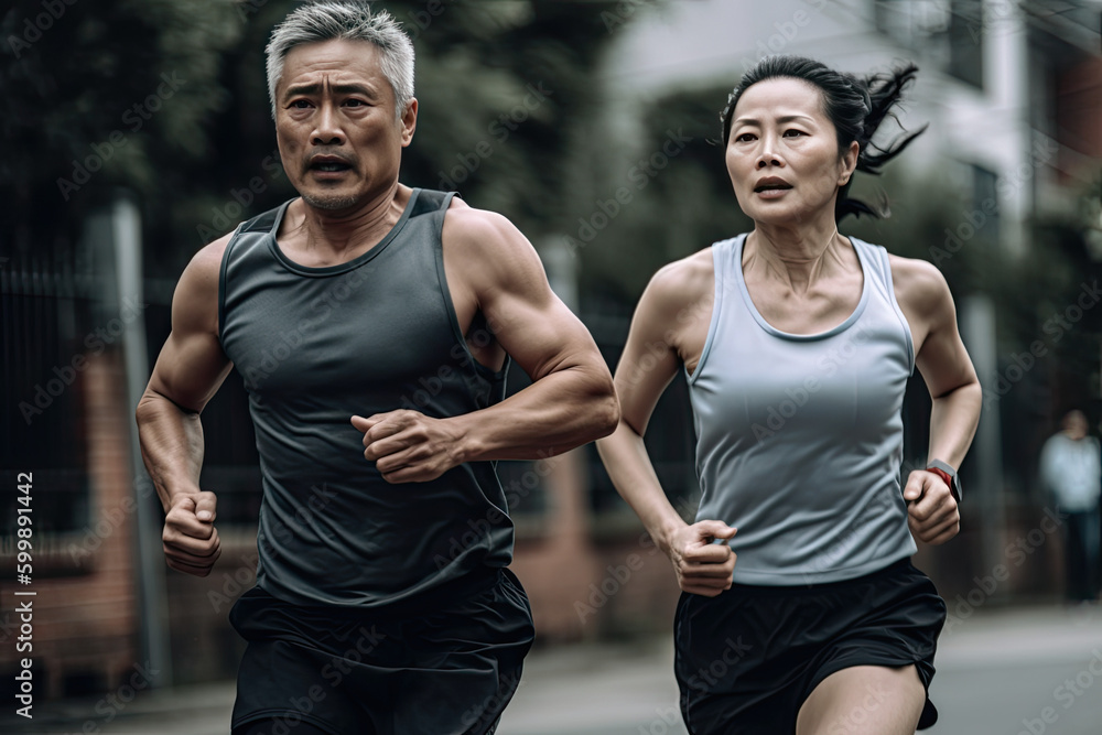 Portrait of Asian couple 50 years old woman and man in sport clothes running . Elderly Sporty people lifestyle concept. Generated Ai