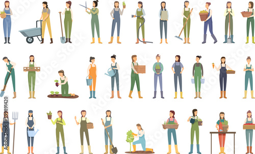 Gardener woman icons set cartoon vector. Garden city. Botanical plant