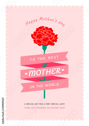 Happy Mother's day to the best mother in the world poster vector design. Red Carnation flower bouquet