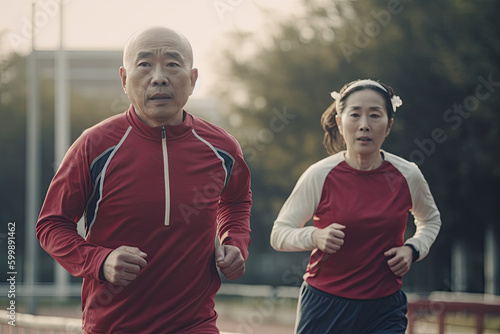 Portrait of Asian couple 50 years old woman and man in sport clothes running . Elderly Sporty people lifestyle concept. Generated Ai