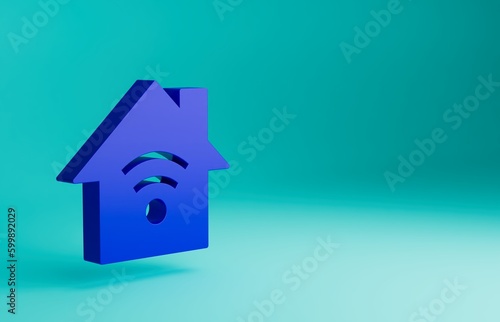 Blue Smart home with wi-fi icon isolated on blue background. Remote control. Minimalism concept. 3D render illustration