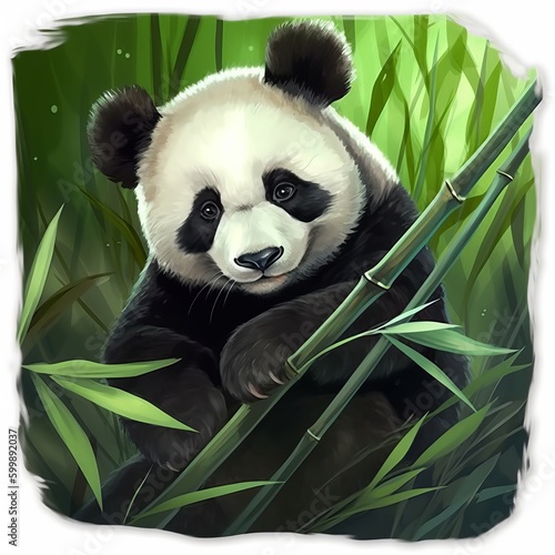 cute panda sticker  A cute sticker of a chubby panda lying on its back  with bamboo leaves surrounding it  making a peaceful expression  watercolor painting with soft hues  Generative AI