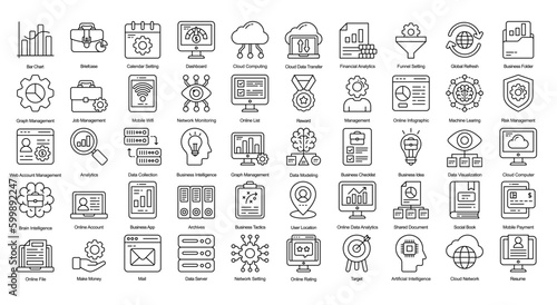 Business Intelligence Thin Line Iconset Data Analytics Outline Icon Bundle in Black