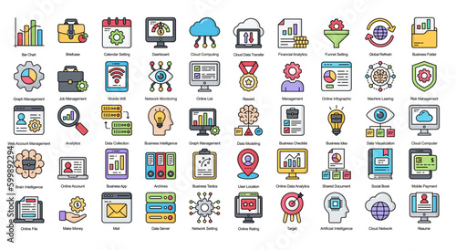 Business Intelligence Color Line Iconset Data Analytics Filled Outline Icon Bundle
