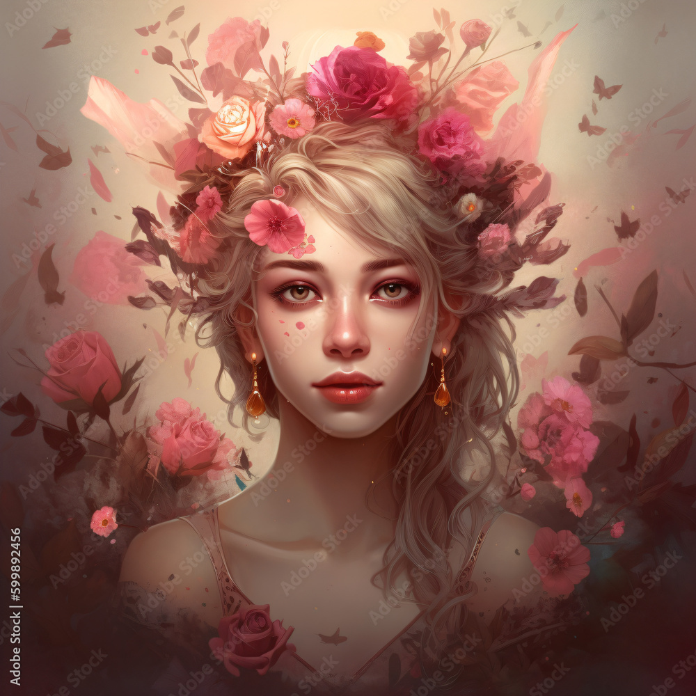 A painting of a blonde girl with flowers in her hair Generative Ai
