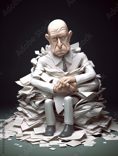 3D Comedy Relief: A Hilarious Businessman Lost in a Pile of Papers, generative ai