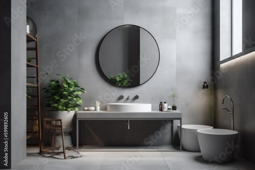 bathroom home gray interior design luxury concrete empty sink mirror room. Generative AI.