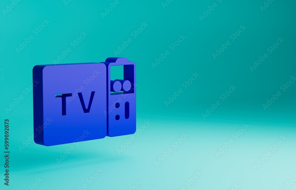 Blue Multimedia and TV box receiver and player with remote controller icon isolated on blue background. Minimalism concept. 3D render illustration Blue Multimedia and TV box receiver and player with remote controller icon isolated on blue background. Minimalism concept. 3D render illustration