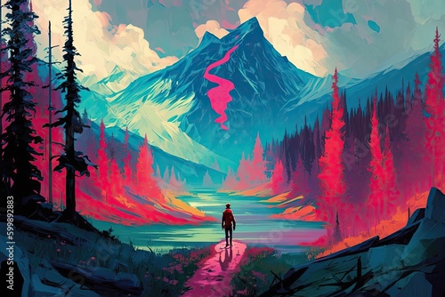 Art design of landscape painting in amazing mountain in the forest. Concept of lifestream colorful magical in beautiful village in natural background. Glorious generative AI. photo