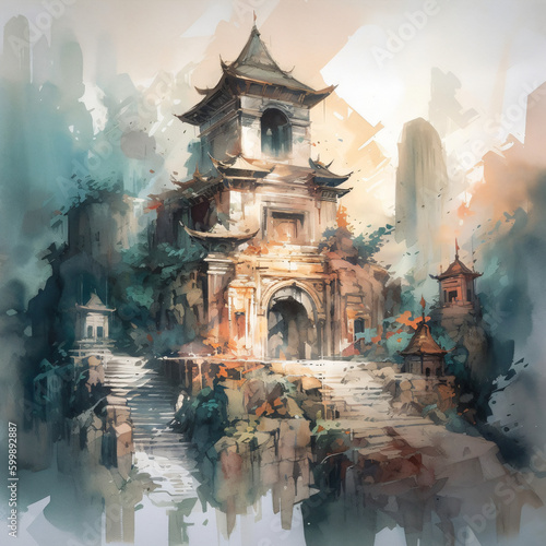 A painting of an ancient Asian temple building in the middle of a city Generative Ai