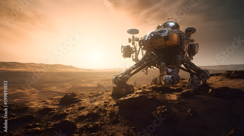 Take a journey through the world of AI with this mesmerizing image of a robot exploring the surface of another planet. See the incredible potential of artificial intelligence in this captivating scene © CanvasPixelDreams