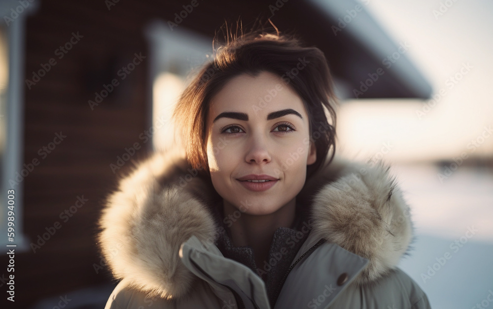 Lifestyle portrait of beautiful young woman wearing parka outside cabin in snowy winter environment, Generative AI Lifestyle portrait of beautiful young woman wearing parka outside cabin in snowy winter environment, Generative AI