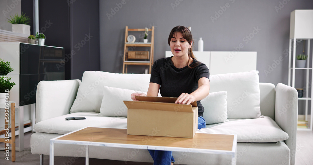 Woman Receiving Parcel Or Delivery Package Woman Receiving Parcel Or Delivery Package