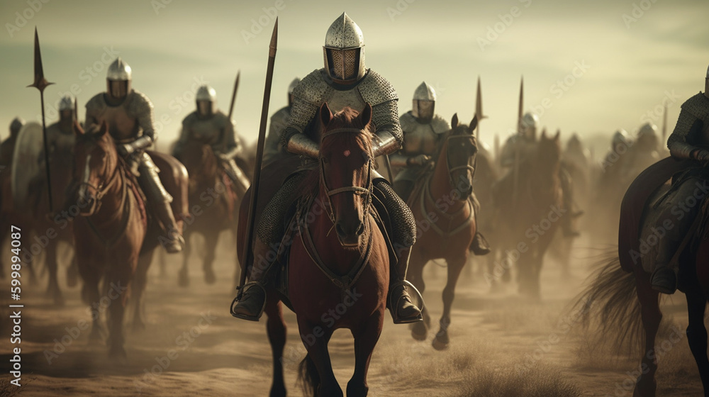 Medieval battle. Group of knights in armor on horseback. Generative Ai Medieval battle. Group of knights in armor on horseback. Generative Ai