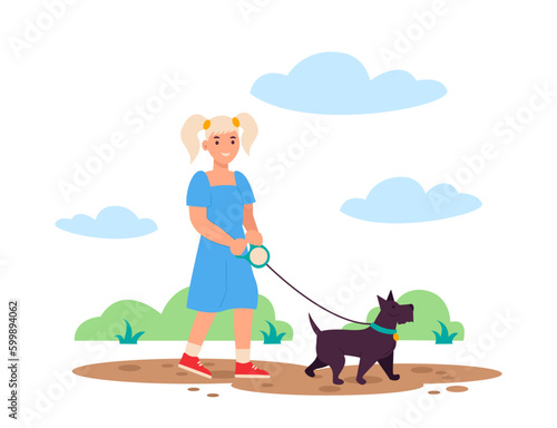 Small girl walking her dog. They walk in the park. Best friends. Vector graphic.