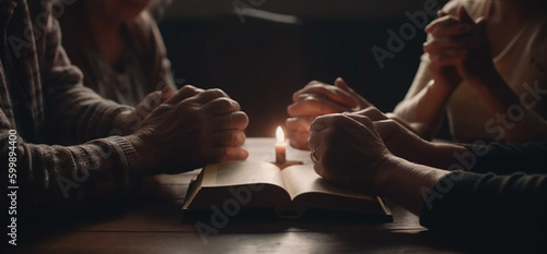 Family praying hands with a bible. Generative Ai