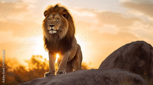 A majestic lion perched on a rock  gazing into the distance as the sun sets behind him