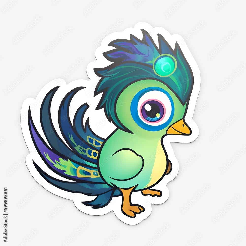 Fototapeta premium A lovable and endearing chibi Peacock sticker with a white background, radiating warmth and affection in its cute chibi form, Generative AI