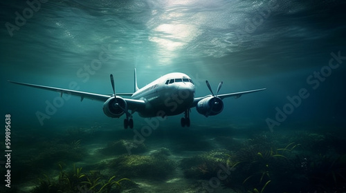 Passenger airplane at underwater. Generative Ai