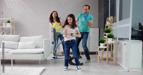Fun Family Cleaning Indoors Listening Music