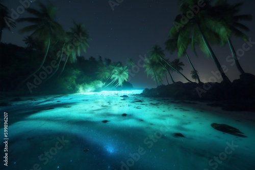 vacation blue tree palm luminous beach sky ocean tropical night paradise. Generative AI.
