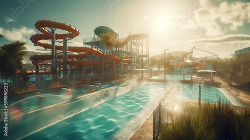 Water park with swimming pool. Generative Ai
