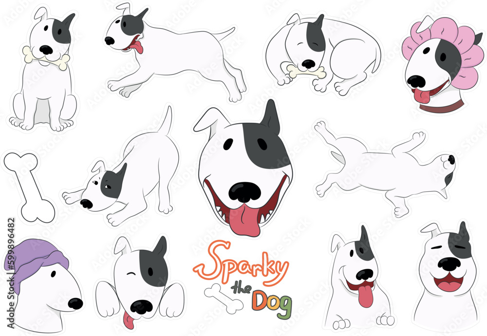 Cartoon dog stickers with a funny bull terrier Sparky isolated on white. Hand drawn vector art Cartoon dog stickers with a funny bull terrier Sparky isolated on white. Hand drawn vector art