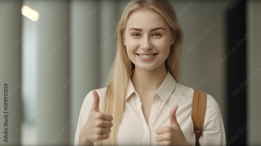Portrait of fair-haired beautiful female student or customer with broad smile, looking at the camera with happy expression, showing thumbs-up with both hands, achieving study goals. generative ai