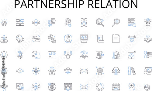 Partnership relation line icons collection. Vision, Strategy, Accountability, Communication, Empowerment, Delegation, Influence vector and linear illustration. Inspiration,Resilience,Adaptability